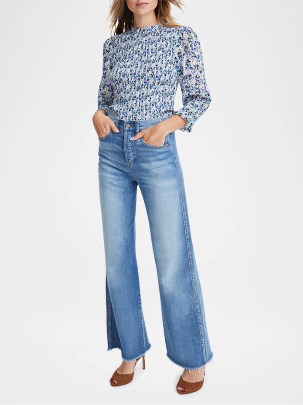 Veronica Beard Kali Floral Smocked Three-Quarter Sleeve Top - Picture 1 of 6